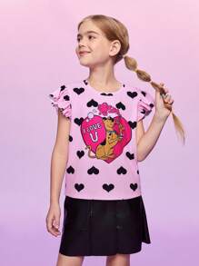 SCOOBY-DOO X SHEIN Playera Con Tira De Volantes, Estampado De Corazón De Dibujos Animados Y Letras Para Niñas Preadolescentes - Multicolor - Ver 8