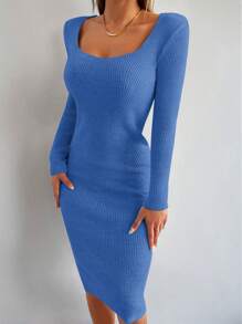 EURMUSE Solid Ribbed Knit Bodycon Sweater Dress Without Belt - Blue - View 3