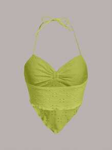 SHEIN MOD Asymmetric Hemline Knitted Halter Top With Drawstring - Lime Green - View 2