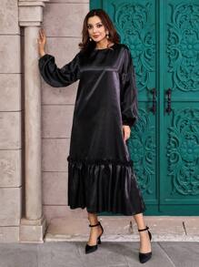 RueChic Modest Satin Dress With Shirred Detail On Bottom - Black - View 5