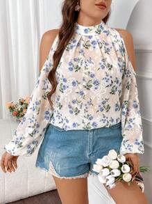 Flirla Plus Size Floral Print Cold-Shoulder Long Sleeve Blouse - Multicolor - View 6