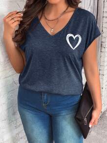 SHEIN LUNE Plus Size Heart Printed Casual T-Shirt For Summer - Navy Blue - View 5