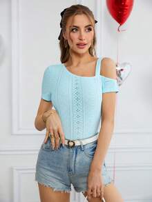 SHEIN Essnce 女性情人節針織休閒t恤 - 淺藍色 - 查看 5