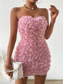 SHEIN Unity MOOSTA 3D Floral Bustier Mini Dress, For Party & Valentine's Day - Pink - View 8