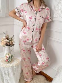 Silk-Like Flamingo & Heart Print Collared Pajama Set - Baby Pink - View 3