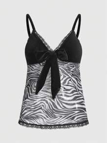 ROMWE J-Fashion Plus Size Women Summer Bow Detail Decoration Patchwork Lace Zebra Striped Camisole - Black - View 1