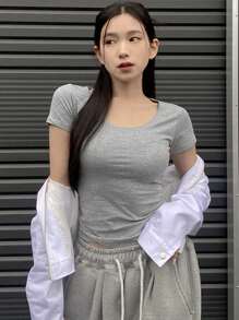 DAZY 女裝修身款圓領t恤 - 灰色 - 查看 2