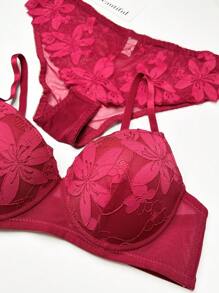 女士花邊蕾絲有鋼圈三角褲內褲套裝,性感內衣套裝 - 紅色 - 查看 8