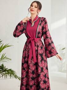 Al Najma 花卉印花拼接緞帶裝飾缺口領喇叭袖連身裙 - 彩色 - 查看 5