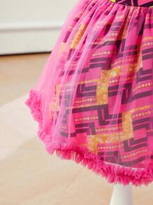 SHEIN Baby Girl Casual Geometric Pattern Mesh Contrast Sleeveless Dress - Hot Pink - View 3
