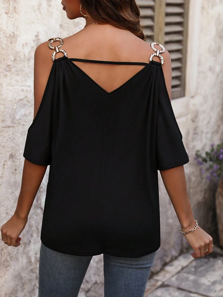 Ladies Solid Color Open Shoulder T-Shirt