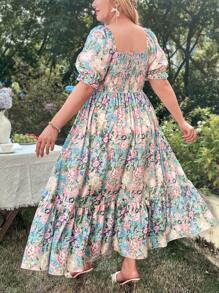 Sunnyshic Plus Size Floral Pattern Front Tie Puff Sleeve Dress Maxi Women Outfit - Multicolor - View 2