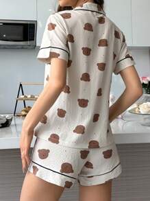 Bear Print Short Sleeve Button-Front Collared Shirt & Shorts Pajama Set With Contrast Trim - Beige - View 2