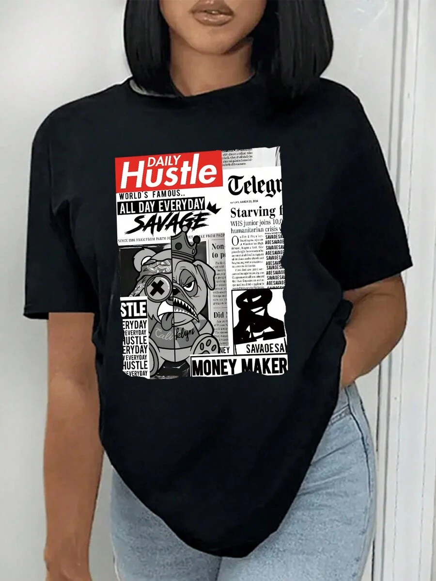 SHEIN 女士报纸印花圆领 T 恤图案 T 恤女士上衣 - 黑色 - 查看 1