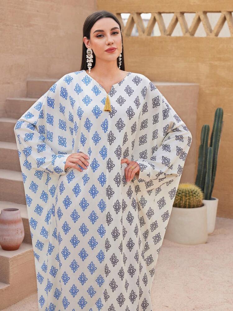 Women's Full-Printed Fringe Decor Color-Block Batwing Sleeve Kaftan