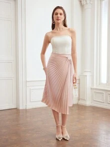 MOTF PREMIUM Falda Plisada De Color Sólido Para Mujer Con Detalle De Nudo En El Costado - Rosa - Ver 3