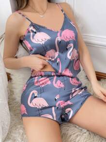 Damen Imitation Seiden Flamingo Druck Camisole Top Und Shorts Pyjama Set