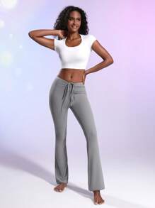 SHEIN Sports Women's Drawstring Waist Sports Flare Pants - Grey - View 5