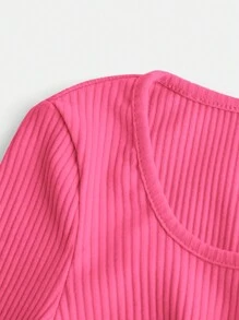 Tween Girls' Shiny Street Style Knitted Solid Color Square Neck Long Sleeve T-Shirt - Hot Pink - View 4
