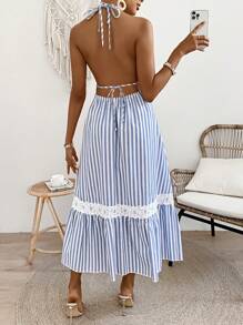 SHEIN LUNE 女性條紋露背連衣裙,配腰帶