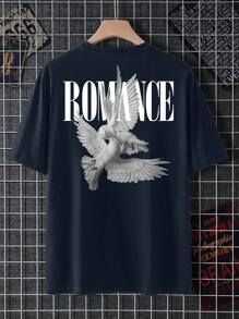 Manfinity Dauomo Men's Oversized Letter And Pigeon Printed Drop Shoulder Short Sleeve T-Shirt - Navy Blue - View 4