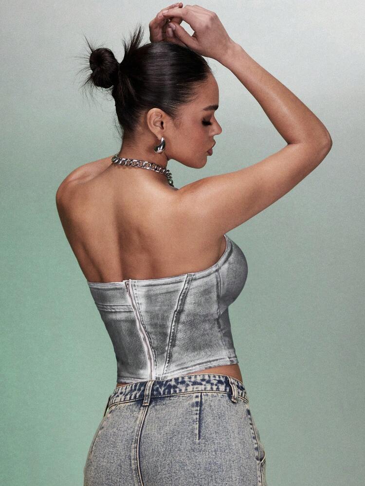 Patchwork Print Crop Tube Denim Top