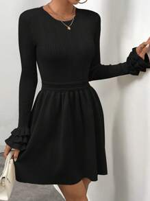 SHEIN Privé Women's Round Neck Long Sleeve Solid Color Sweater Dress