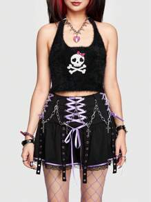 ROMWE Avant 女式骷髏印花針織露肩上衣,帶頸部帶子