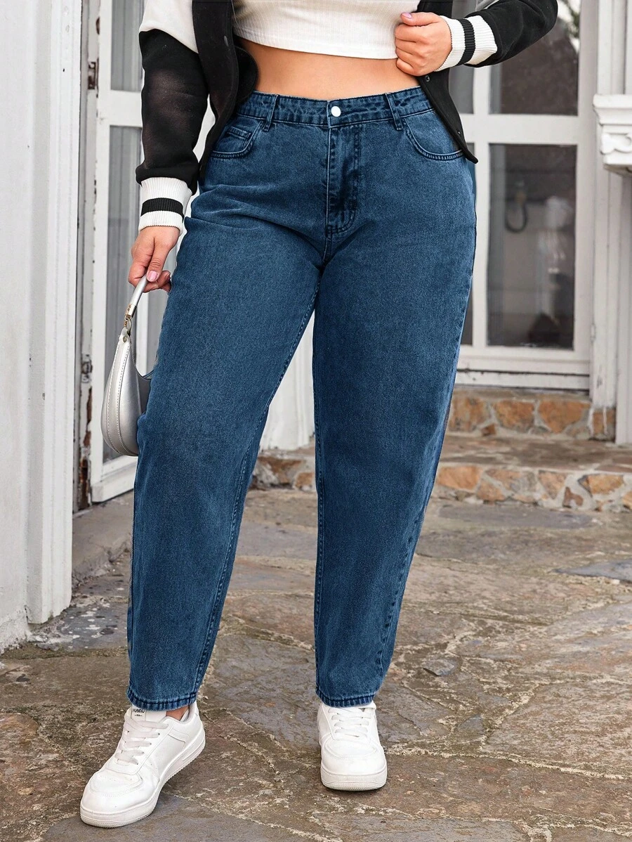 Cloudara Jeans De Mamá De Talla Grande De Color Sólido - Azul lavado medio - Ver 1