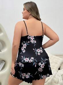 SHEIN Plus Size Floral Print Cami Top & Shorts Pajama Set - Black - View 2