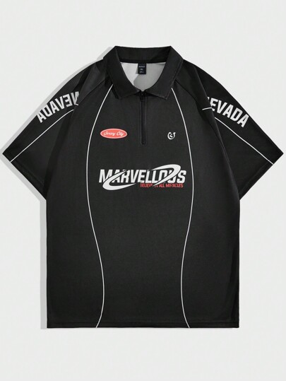 Street Life Men Racing Sport Letter Print Short Sleeve Polo Shirt, Suitable For Spring And Summer Football Shirt, School