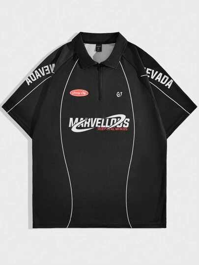 ROMWE MEN Street Life 男士赛车运动字母印花短袖 Polo 衫，适合春夏季足球衫、学校