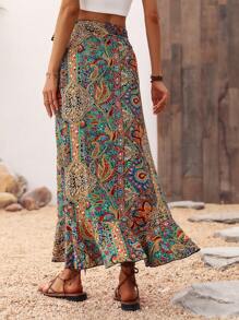 Breezaya Printed Random Knot & Side Wrapped Skirt Maxi Vacation Beach Outfits Women Fall Cloth For Women - Multicolor - View 2