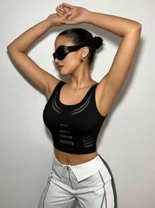 SHEIN ICON 女修身鉤針刺繡蕾絲短背心 - 黑色 - 查看 4