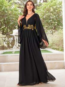 刺绣雪纺礼服配腰带黑色优雅长袖舞会晚会婚礼宾客礼服，适合毕业典礼、晚宴 - 黑色 - 查看 3