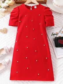 Vestido De Manga Curta Para Meninas Pré-adolescentes Com Decoração De Miçangas, Elegante E Delicado - Vermelho - Visão 1