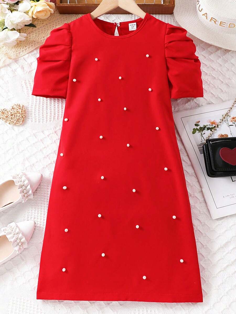 Vestido De Manga Curta Para Meninas Pré-adolescentes Com Decoração De Miçangas, Elegante E Delicado - Vermelho - Visão 1