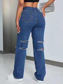 SHEIN SXY צבע אחיד ג'ינסים קרועים - כחול - ראה 2