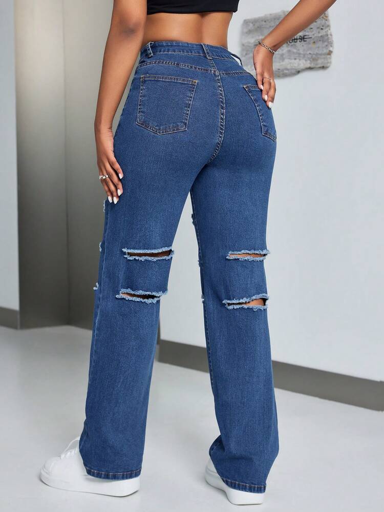 Solid Color Ripped Jeans