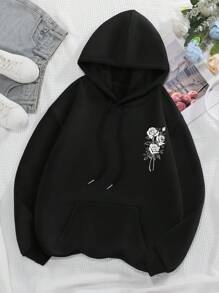 INAWLY Ladies' Rose & Slogan Graphic Drawstring Hoodie THE FRAGRANCE OF ROSES IS OVERFLOWING,Long Sleeve Tops Graduation,Back To School Outfits,Graduation,Teacher Outfits For Women,Back To School Pullover Fall Outfit - Black - View 2