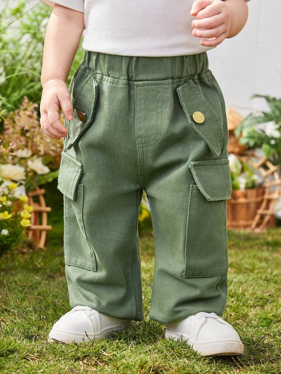 Baby Girl Casual Straight Leg Workwear Style Denim Pants - Army Green - View 1