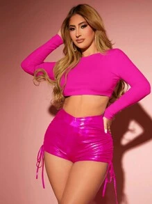 SHEIN SXY 女士光澤側摺熱褲 - 玫紅色 - 查看 3