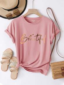 INAWLY Plus Size Letter & Heart Printed Round Neck Short Sleeve T-Shirt Women Graphic Tee Top For Summer - Dusty Pink - View 1