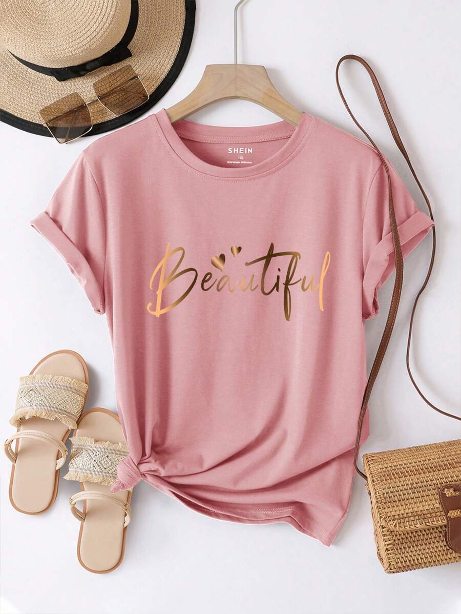 INAWLY Plus Size Letter & Heart Printed Round Neck Short Sleeve T-Shirt Women Graphic Tee Top For Summer - Dusty Pink - View 1