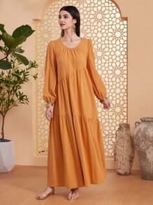 Seusyu 女性圓領燈籠袖阿拉伯風格連衣裙 - 黃色 - 查看 6