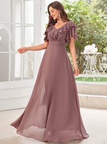 UNITHORSE Chiffon Ruffle Trim Bridesmaid Dress - Dusty Pink - View 1