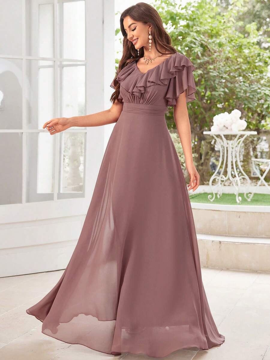 UNITHORSE Chiffon Ruffle Trim Bridesmaid Dress - Dusty Pink - View 1