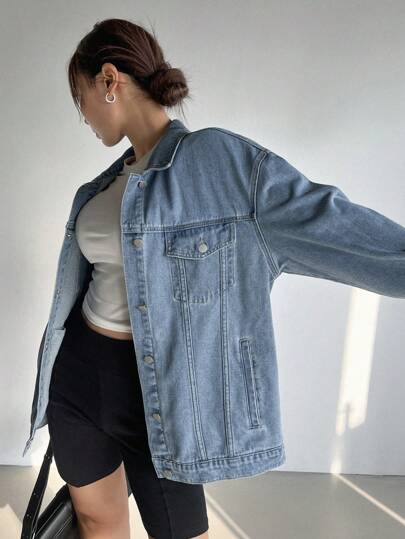 DAZY Áo khoác denim tay dài dáng rộng có túi nắp cho nữ mùa thu/đông