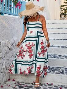 Breezaya 大尺碼女士花紋條紋印花細肩帶連衣裙