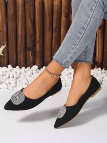 女用閃亮水鑽裝飾尖頭平底鞋 - 黑色 - 查看 3